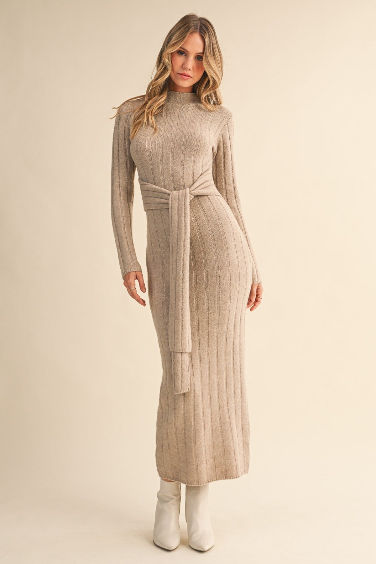 Beige Ribbed Front Tie Maternity Maxi Sweater Dress