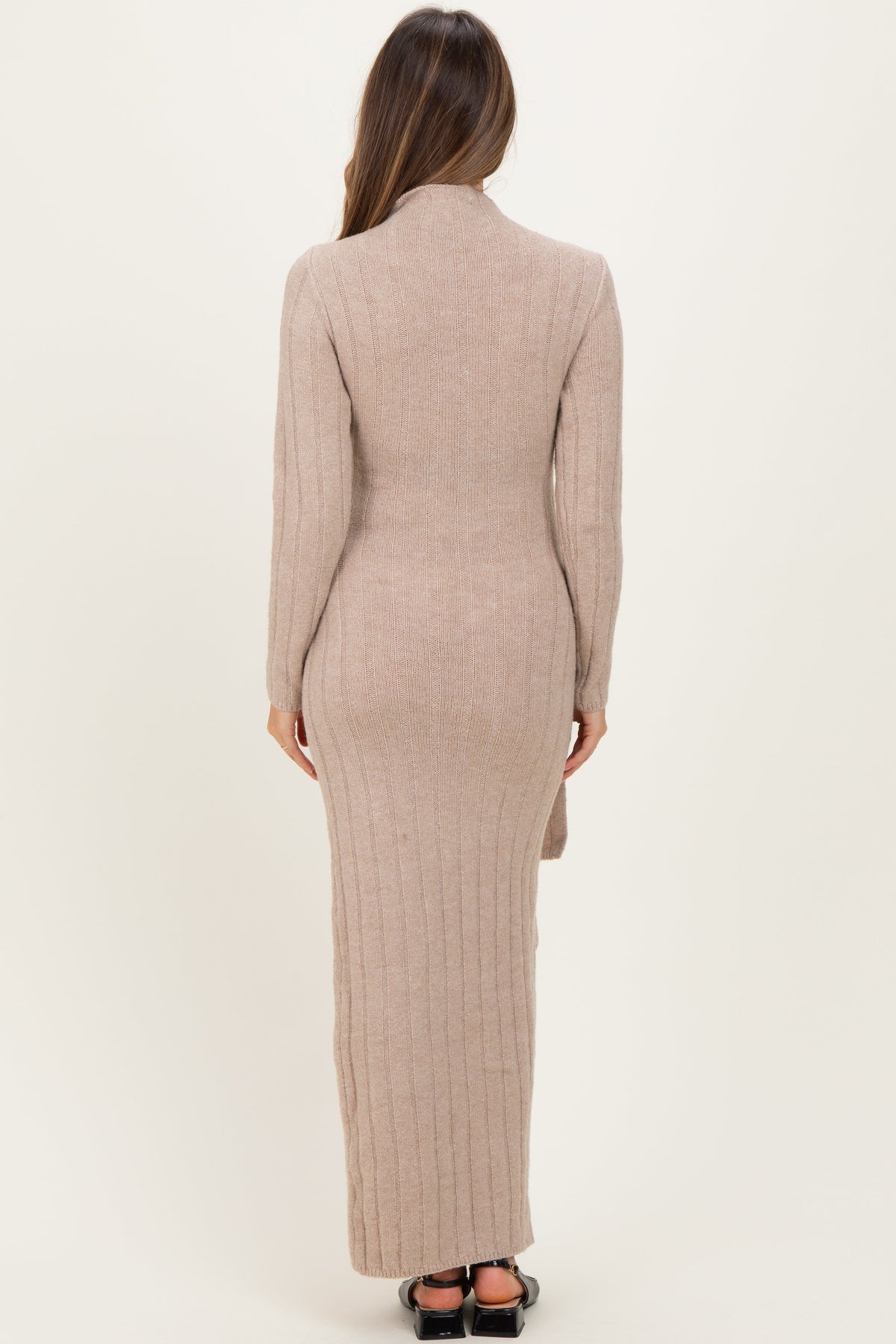Beige Ribbed Front Tie Maternity Maxi Sweater Dress