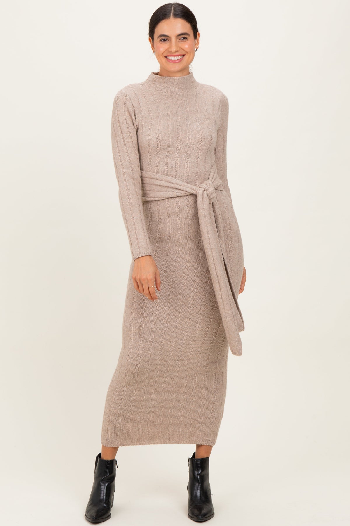 Beige Ribbed Front Tie Maxi Sweater Dress