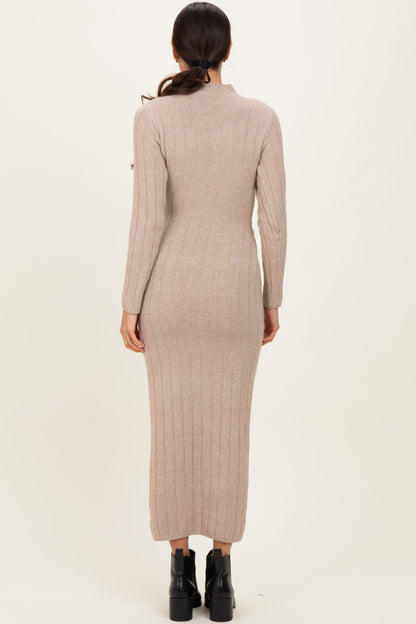 Beige Ribbed Front Tie Maxi Sweater Dress