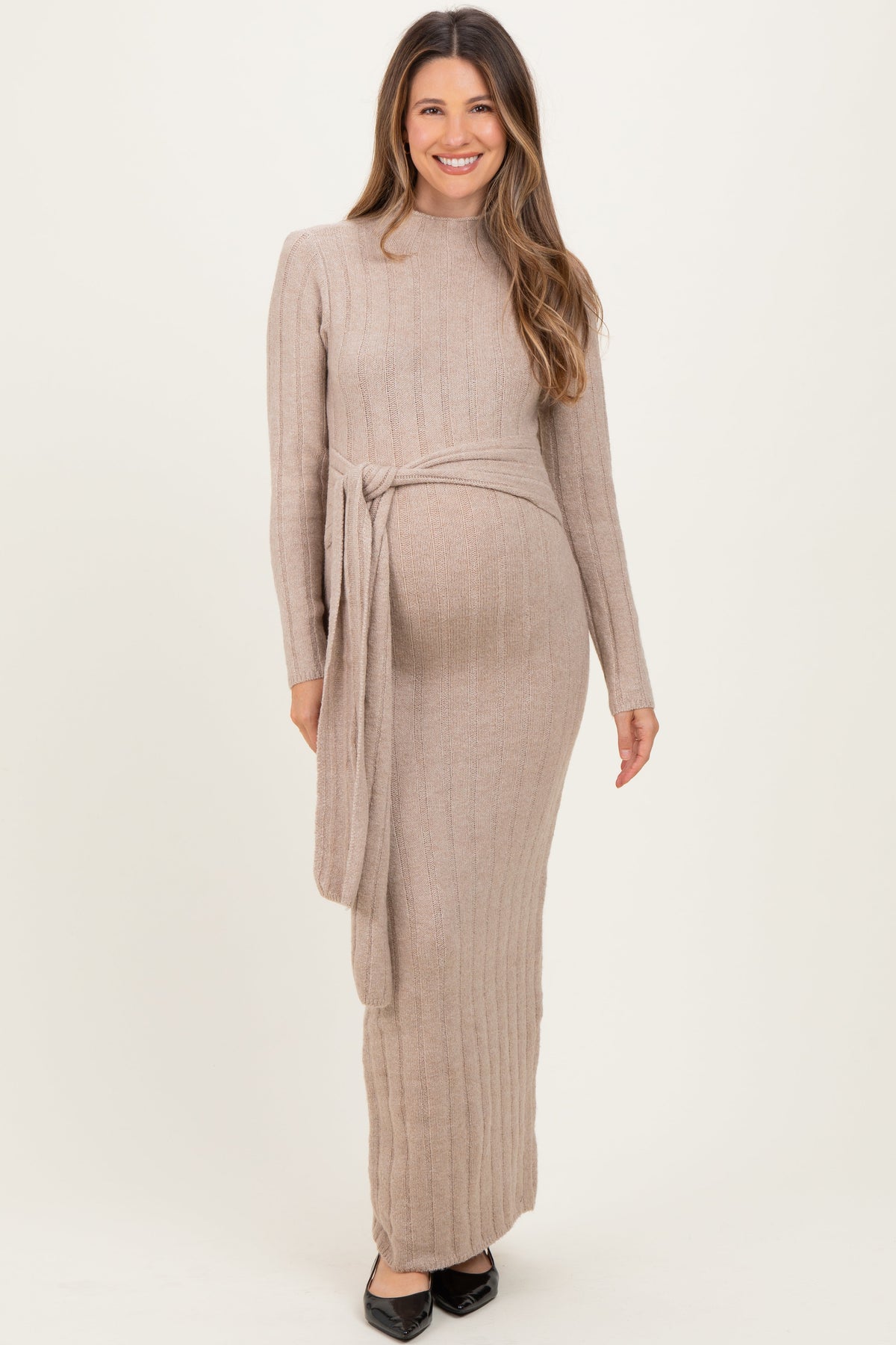 Beige Ribbed Front Tie Maternity Maxi Sweater Dress
