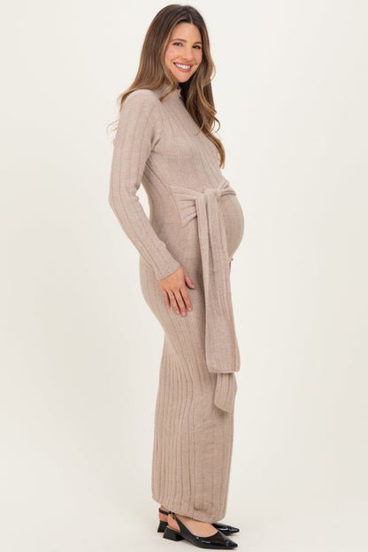 Beige Ribbed Front Tie Maternity Maxi Sweater Dress