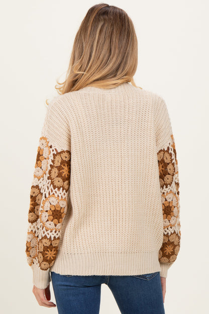 Beige Crochet Detail Sleeve Maternity Cardigan