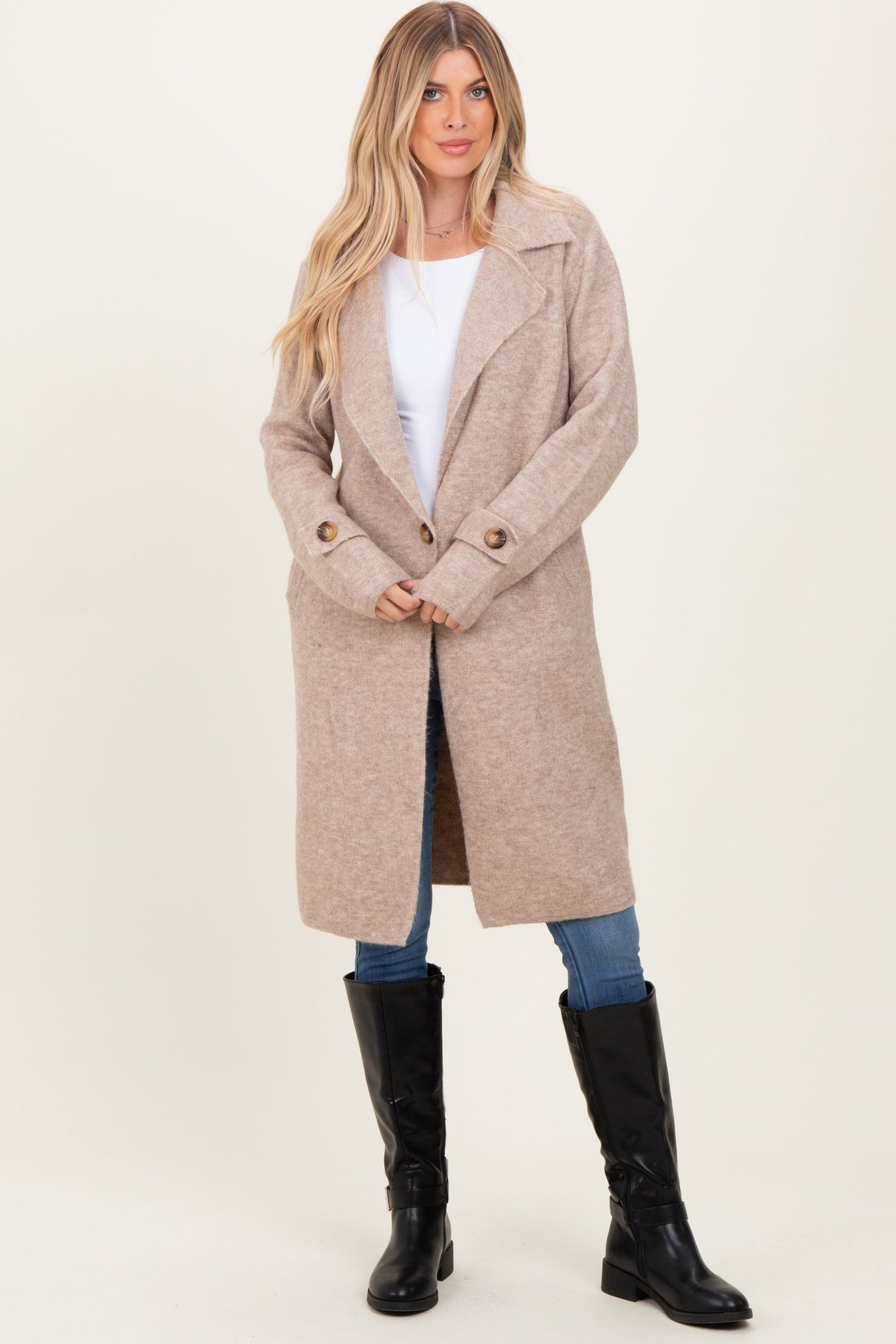 Beige Knit Long Sweater Coat