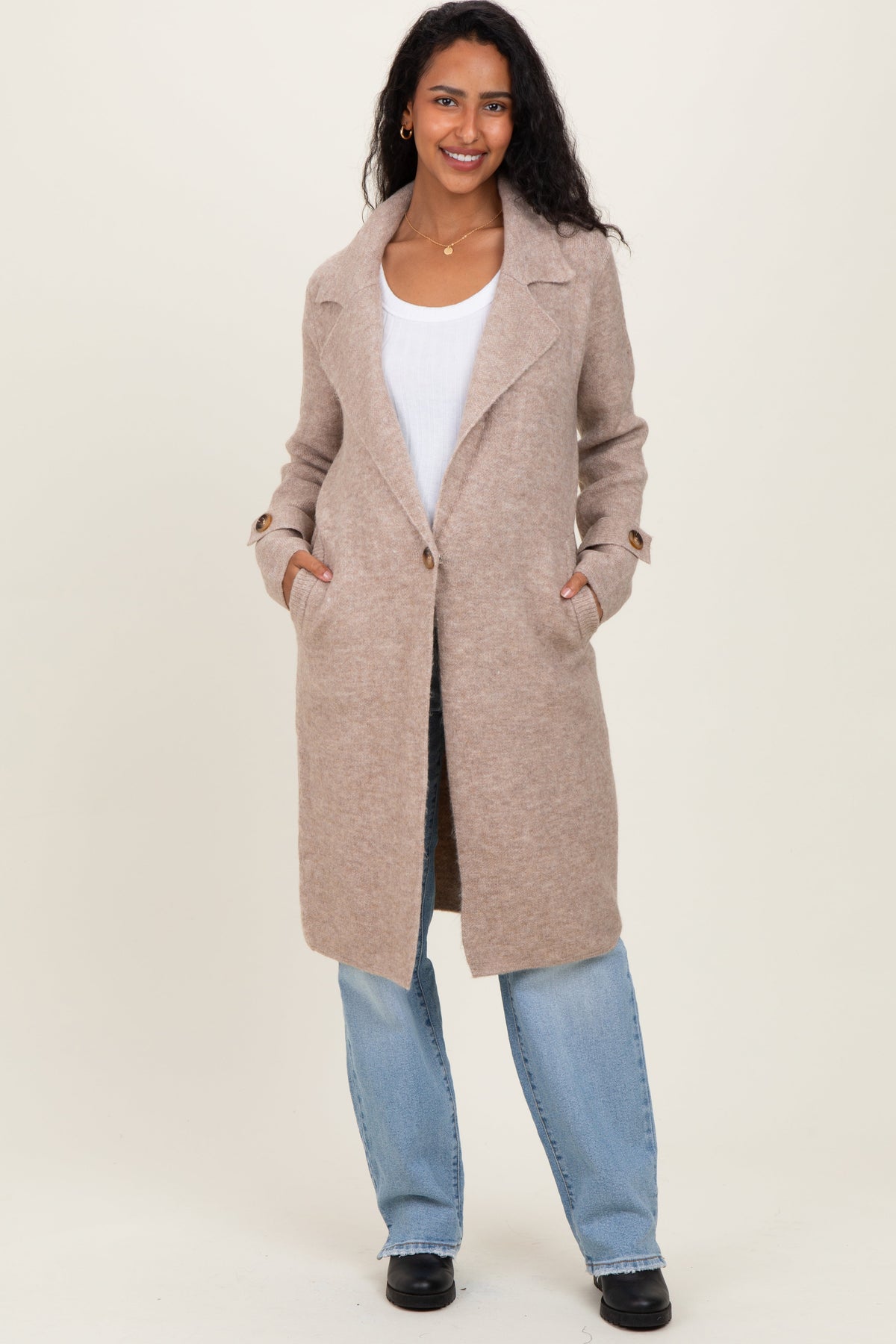 Beige Knit Long Maternity Sweater Coat