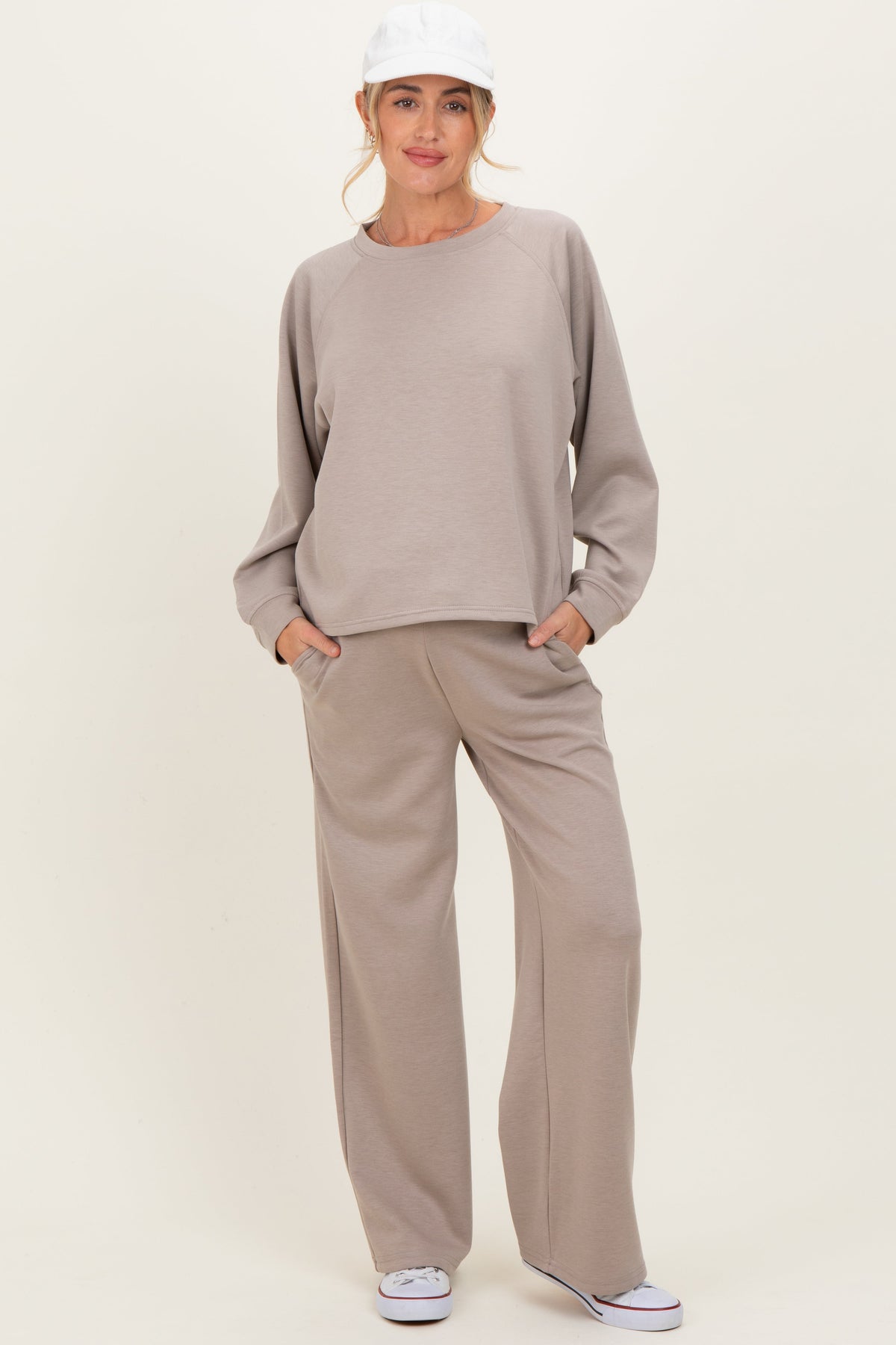 Beige Crewneck Pullover Pant Maternity Set