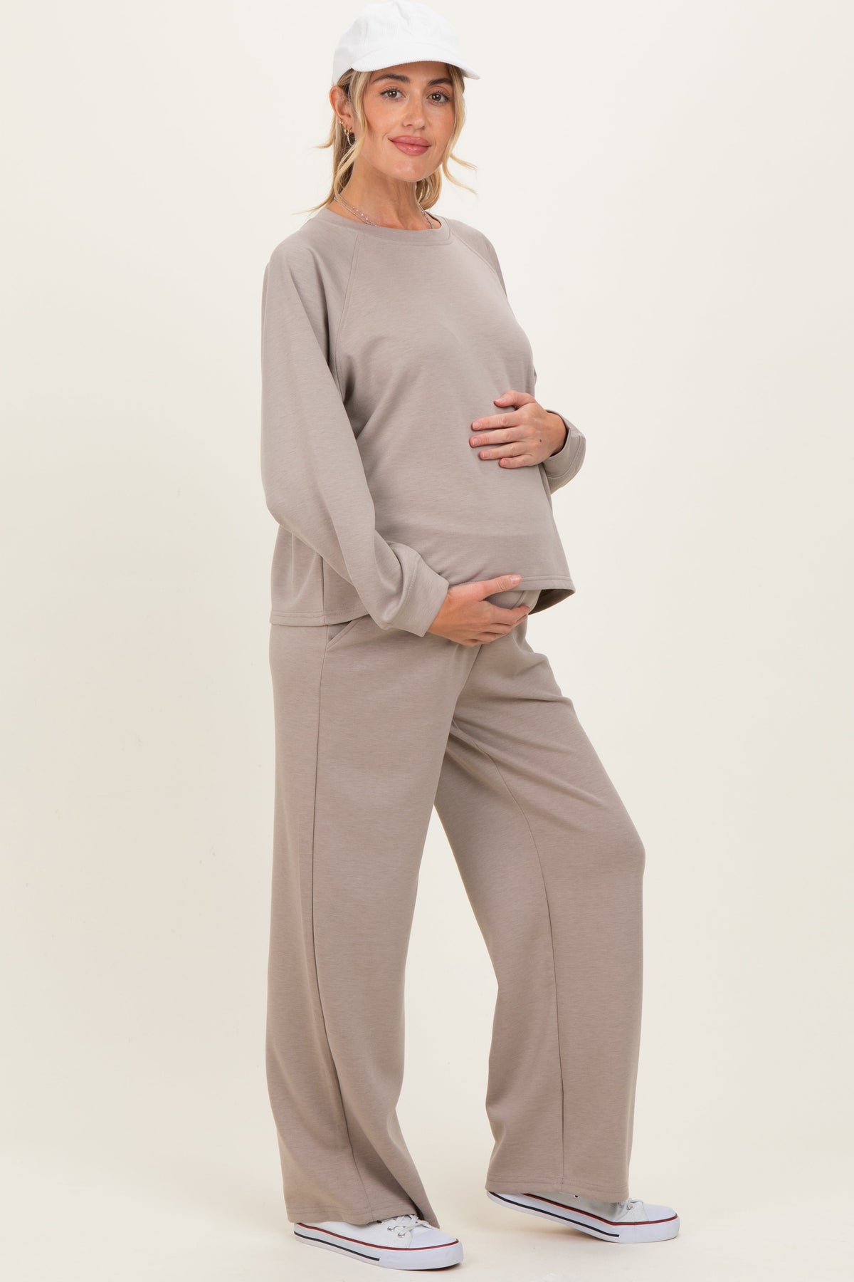 Beige Crewneck Pullover Pant Maternity Set
