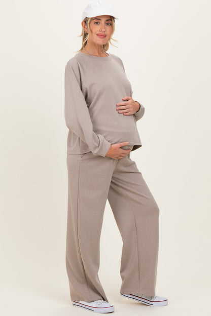 Beige Crewneck Pullover Pant Maternity Set