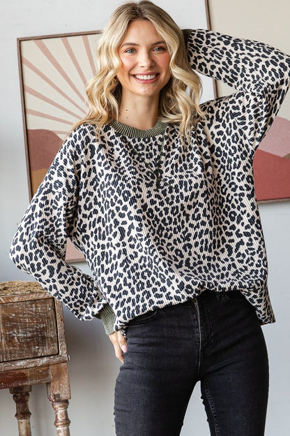 Beige Ribbed Animal Print Contrast Trim Pullover