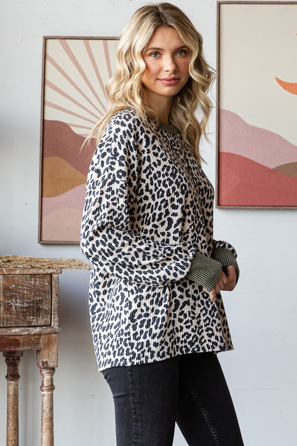 Beige Ribbed Animal Print Contrast Trim Pullover
