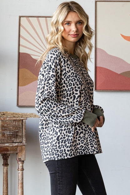 Beige Ribbed Animal Print Contrast Trim Pullover