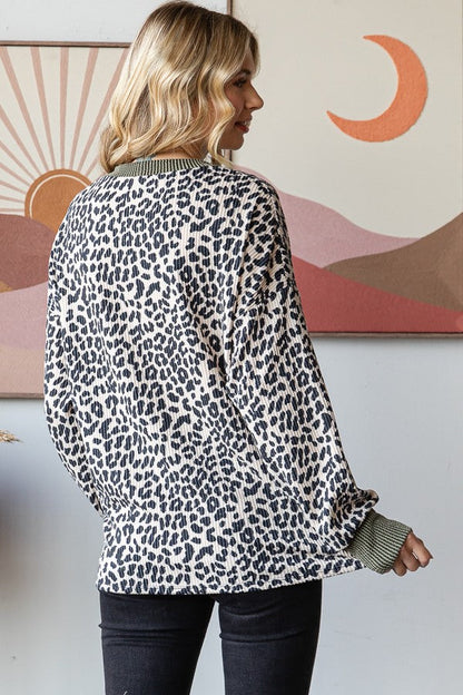 Beige Ribbed Animal Print Contrast Trim Pullover
