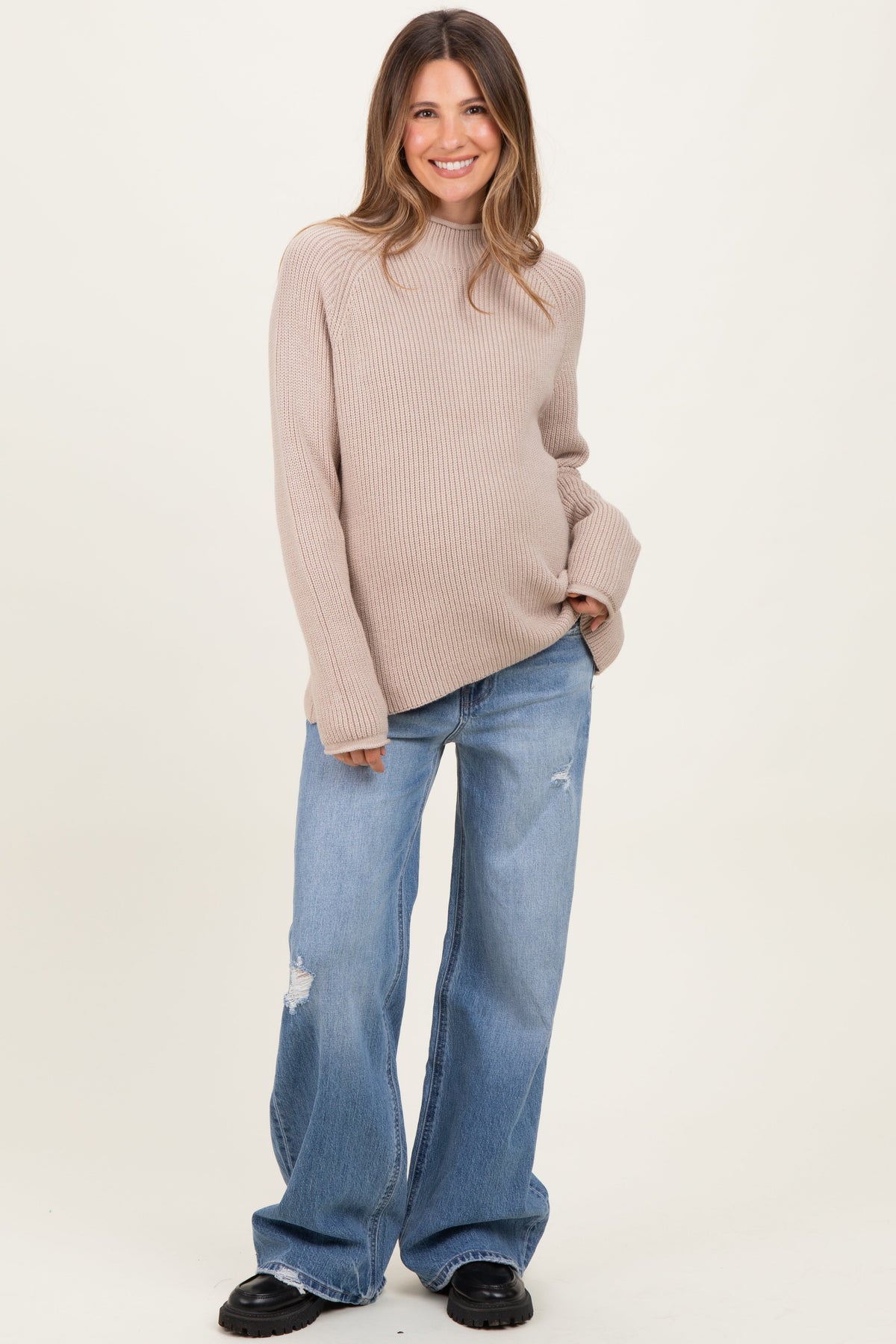 Beige Mock Neck Ribbed Knit Basic Maternity Sweater Top