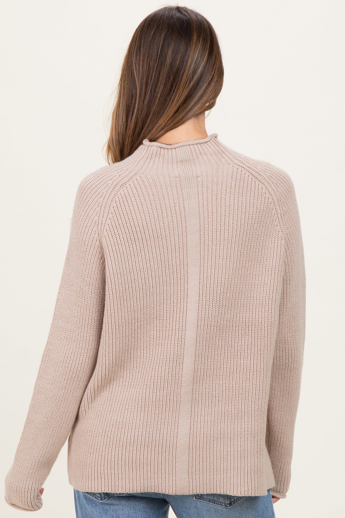 Beige Mock Neck Ribbed Knit Basic Maternity Sweater Top