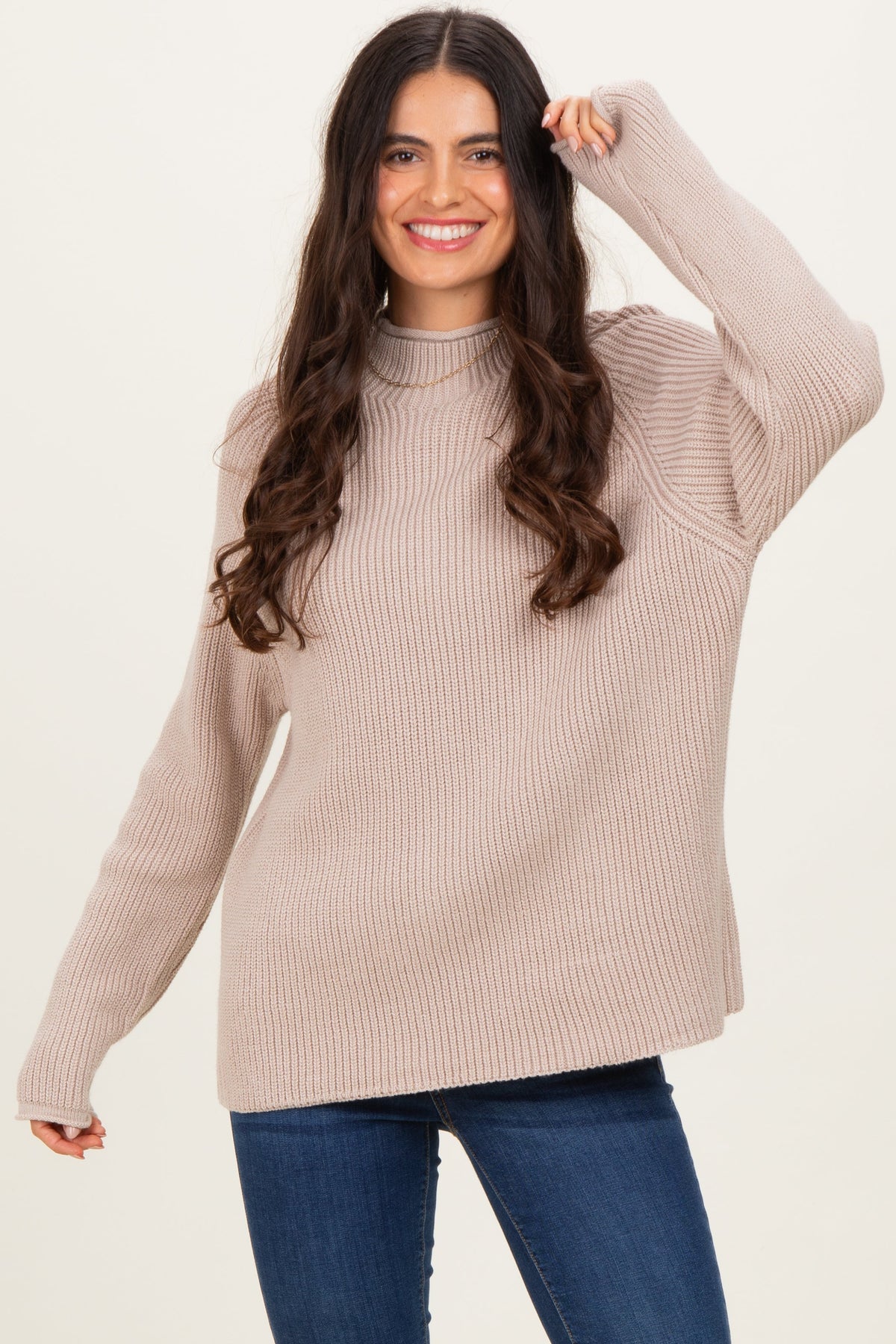 Beige Mock Neck Ribbed Knit Basic Maternity Sweater Top
