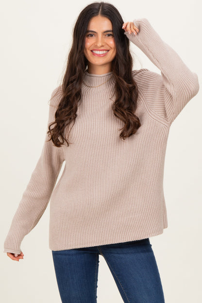 Beige Mock Neck Ribbed Knit Basic Sweater Top