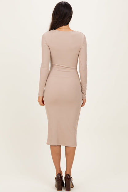 Beige Ribbed Ruched Midi Dress