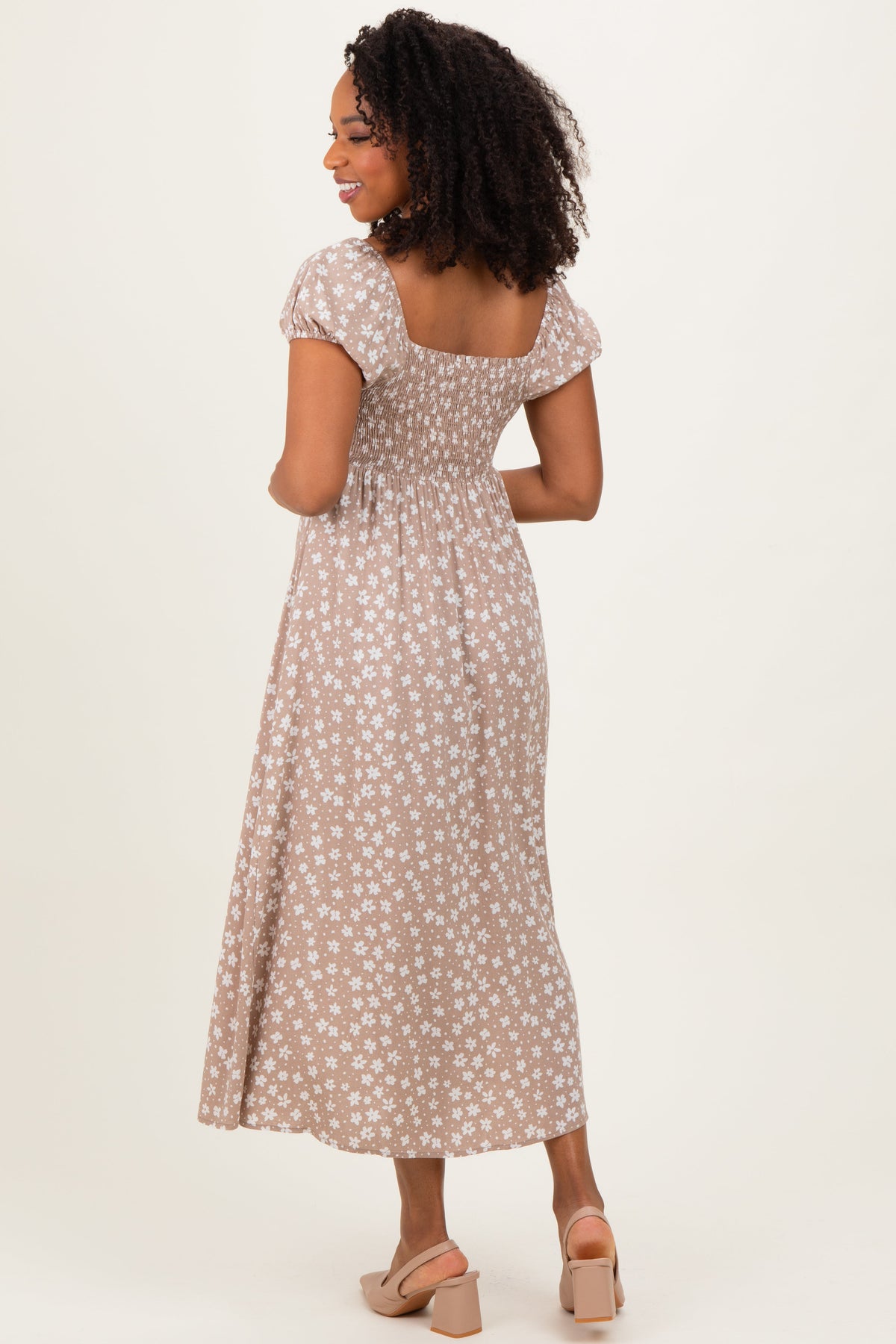 Beige Floral V-Neck Button Detail Midi Dress