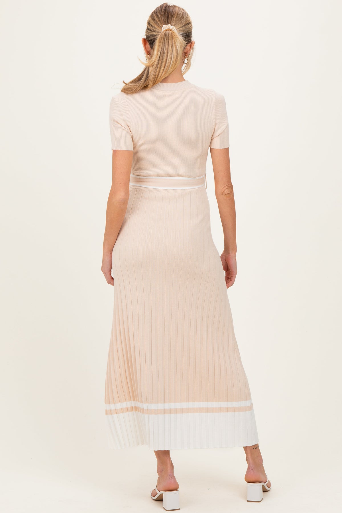 Beige Knit Pleated Sash Tie Maternity Midi Dress