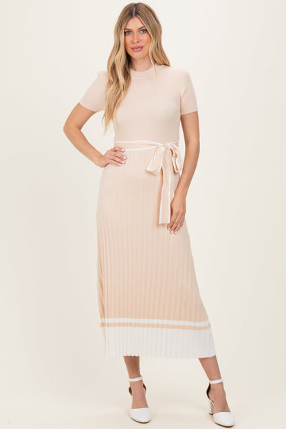 Beige Knit Pleated Sash Tie Maternity Midi Dress