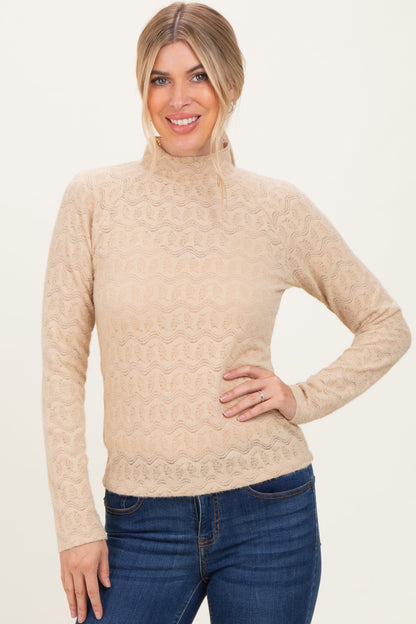 Beige Mock Neck Long Sleeve Brushed Lace Top