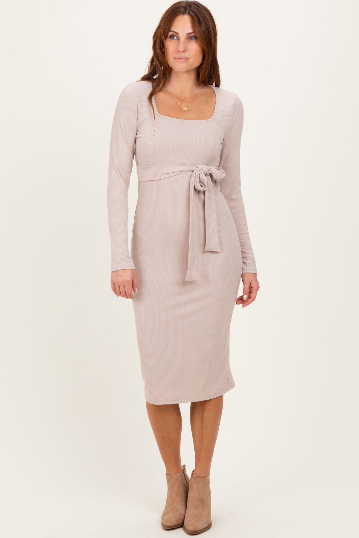 Beige Ribbed Long Sleeve Square Neck Tie Belt Maternity Midi Dress