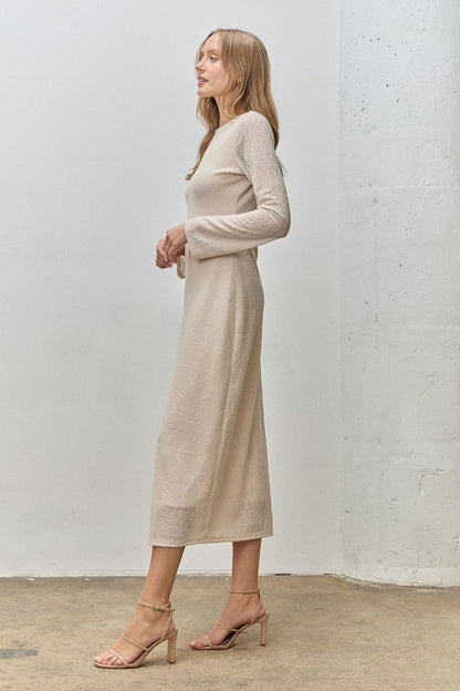 Beige Lace Jacquard Long Sleeve Midi Dress