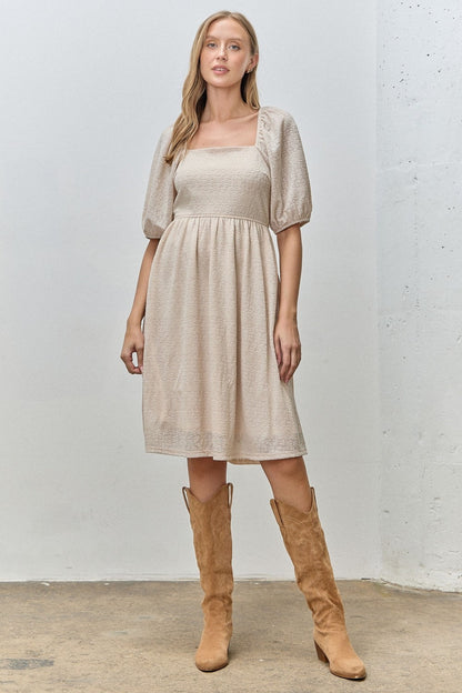 Beige Lace Jacquard Puff Sleeve Dress