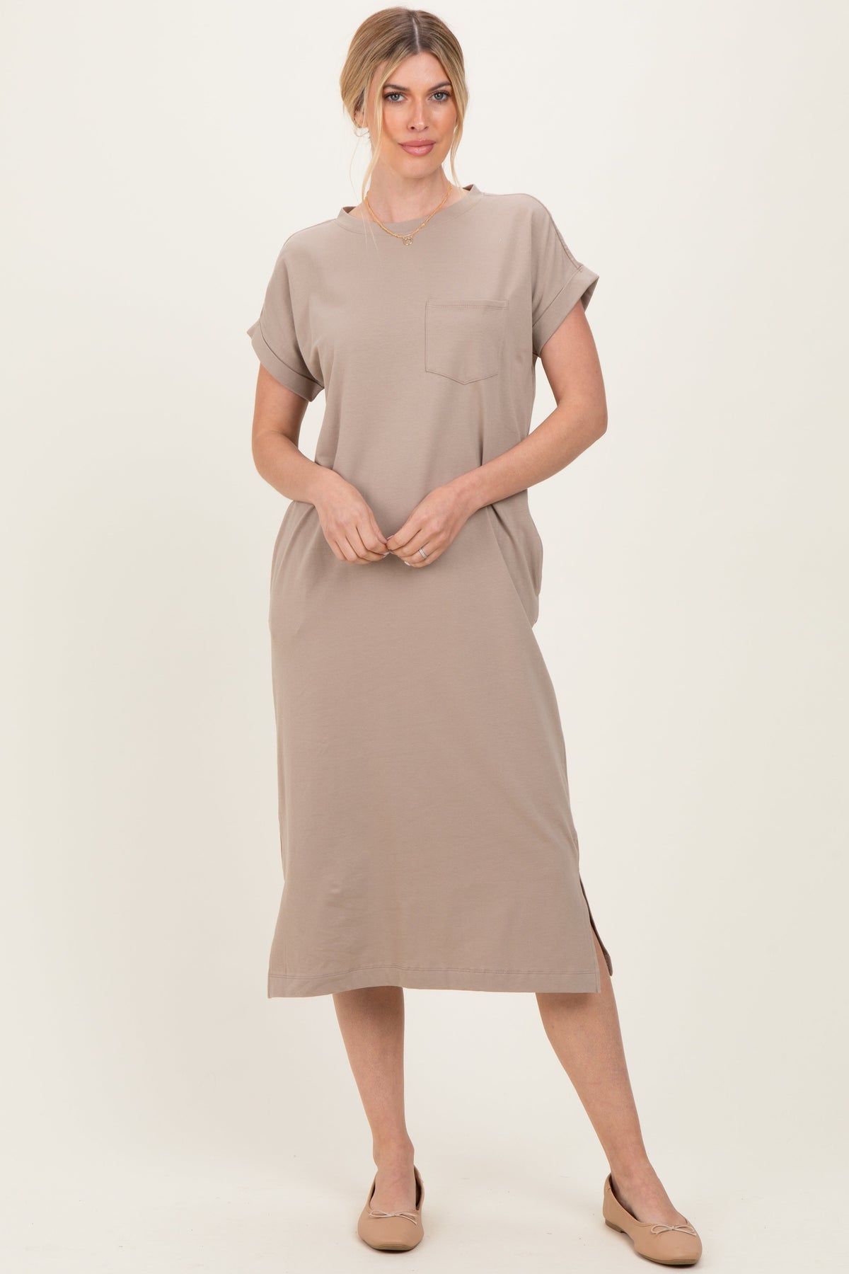 Beige Pocket Front Maternity Midi T-Shirt Dress