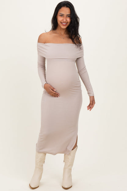 Beige Off Shoulder Ruched Side Slit Maternity Midi Dress