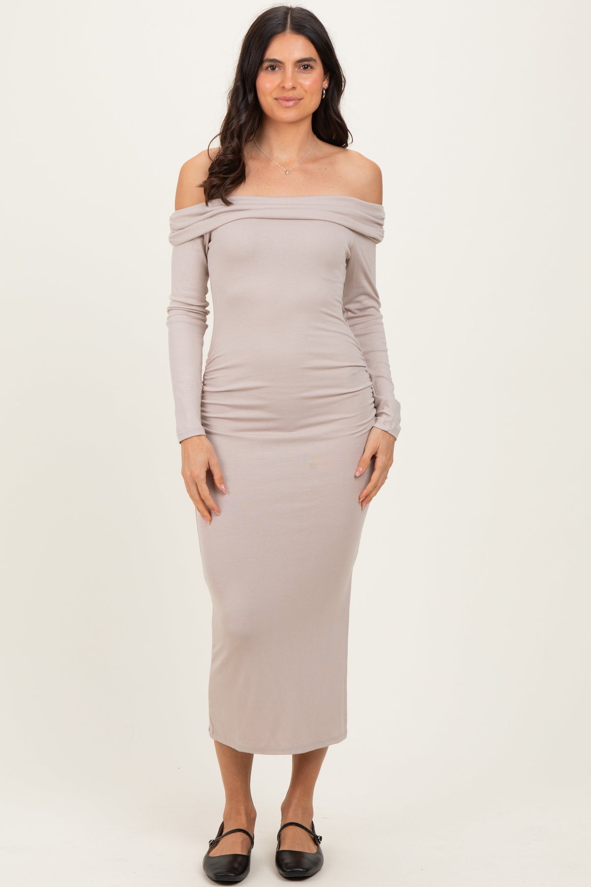 Beige Off Shoulder Ruched Side Slit Midi Dress