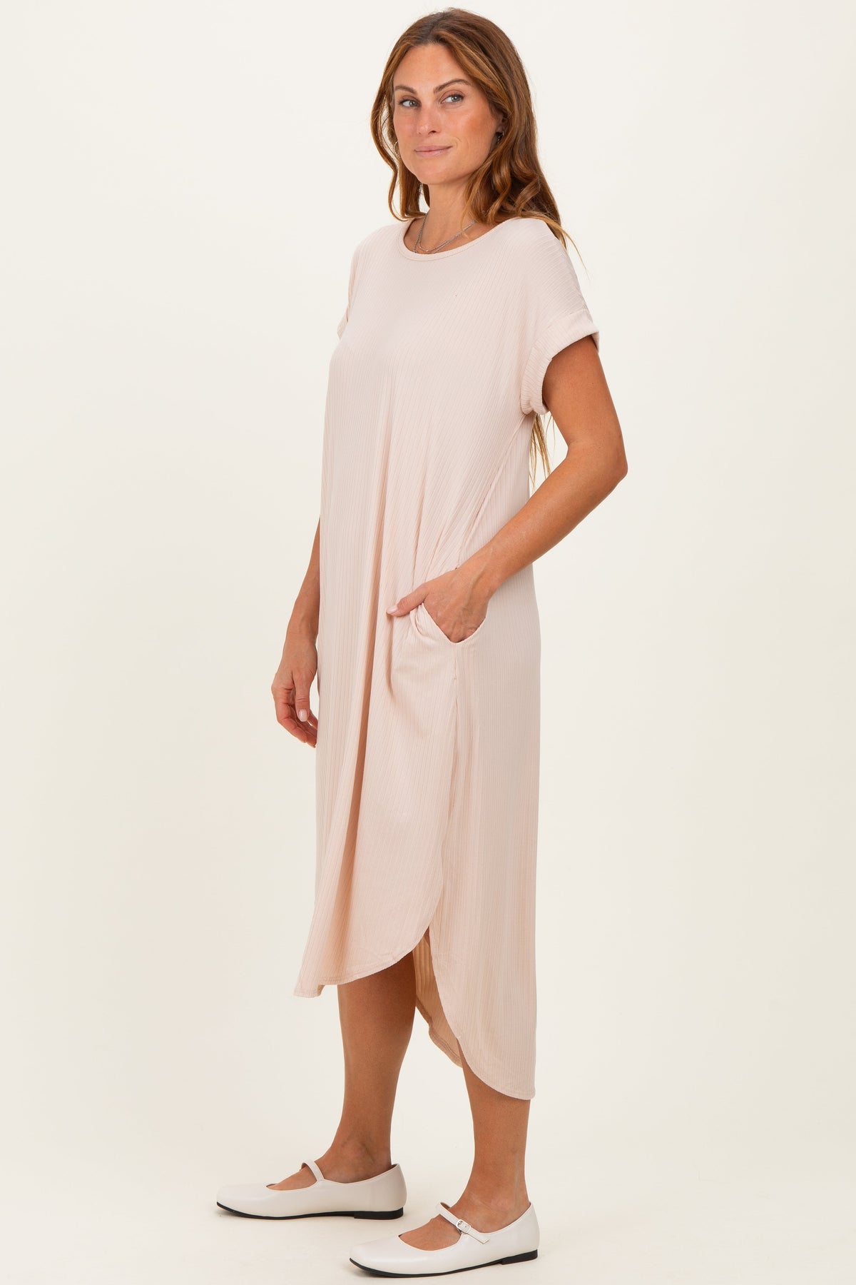 Beige Ribbed Curved Hem Midi Dress