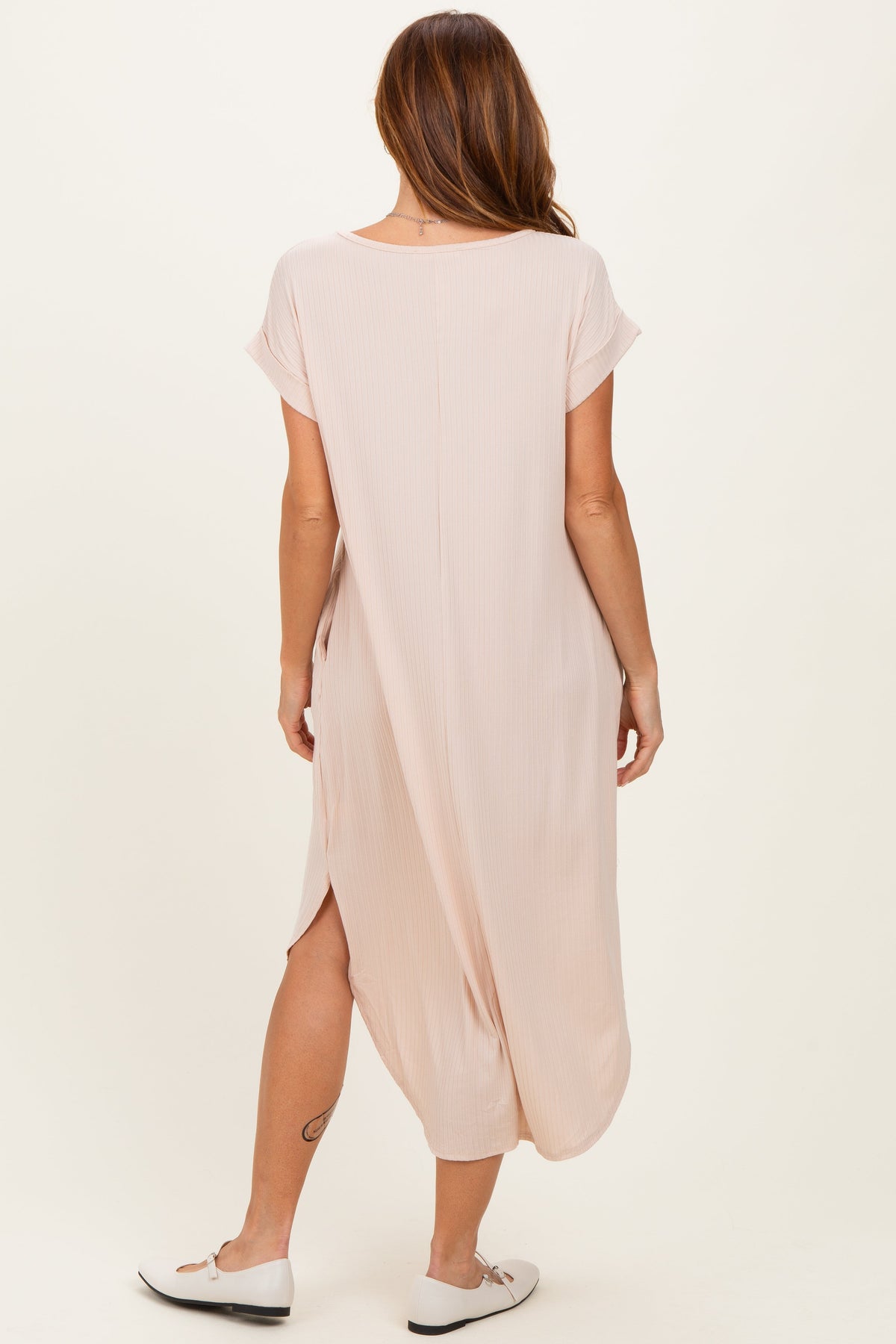 Beige Ribbed Curved Hem Midi Dress