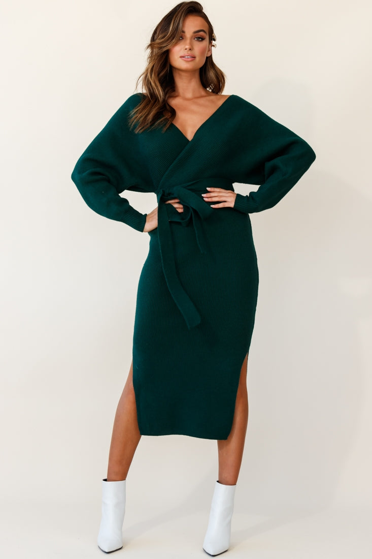 Cameo Batwing Knit Midi Dress Forest Green