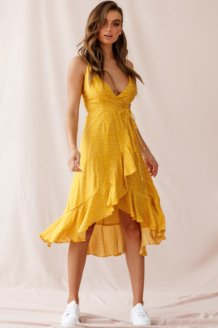 Blessed Wrap Ruffle Hem Midi Dress Dot Print Mustard