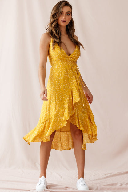 Blessed Wrap Ruffle Hem Midi Dress Dot Print Mustard