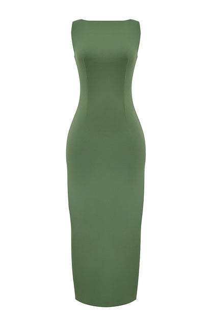 olive boat neck maxi dress