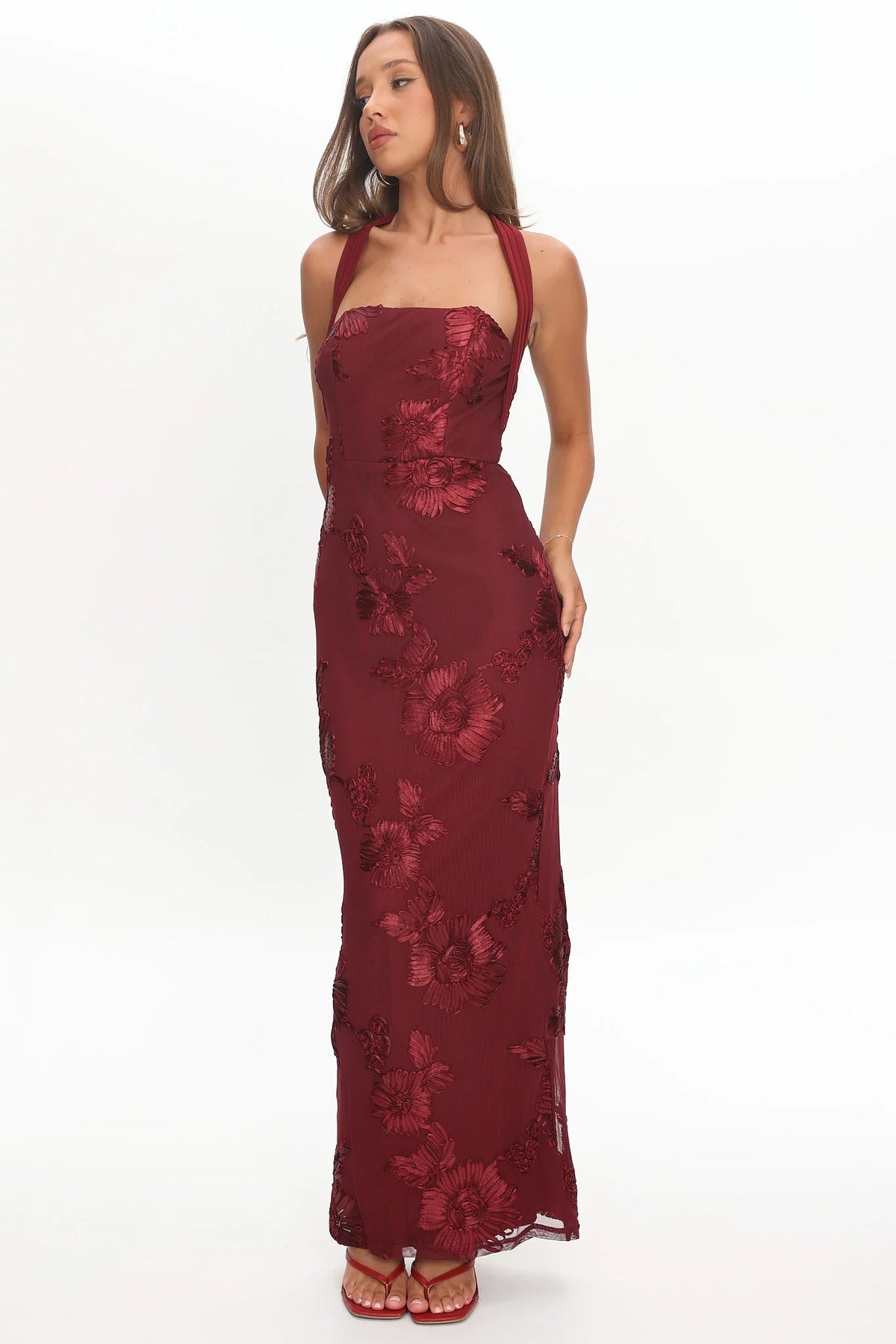 Serenya Halterneck Embellished Maxi Dress Wine