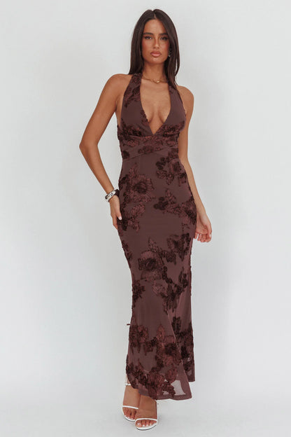 Cipriana Backless Halter Maxi Dress Embellished Brown