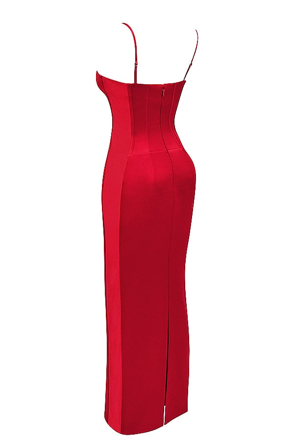 red satin corset maxi dress