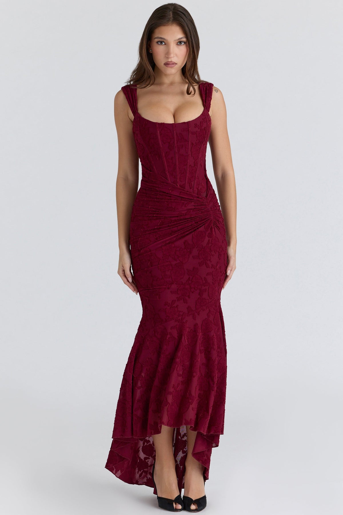 wine floral lace corset maxi dress