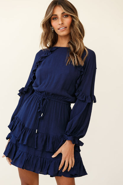 Best Wishes Long Sleeve Frill Detail Dress Navy