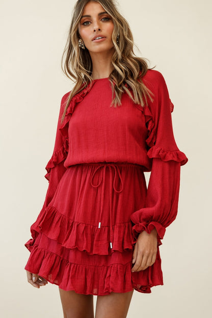Best Wishes Long Sleeve Frill Detail Dress Wine