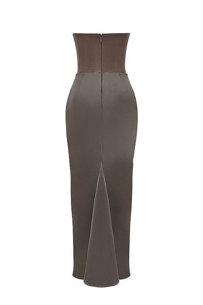 smoke strapless corset maxi dress