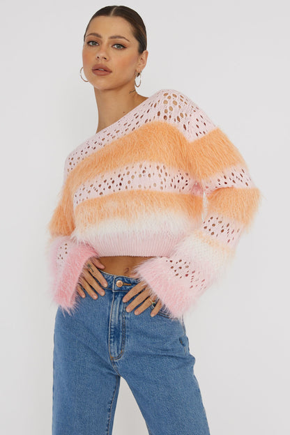 Borealis Fur Trim Knit Sweater Pink