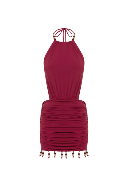 IMELDA HIGH NECK MINI DRESS - CHERRY