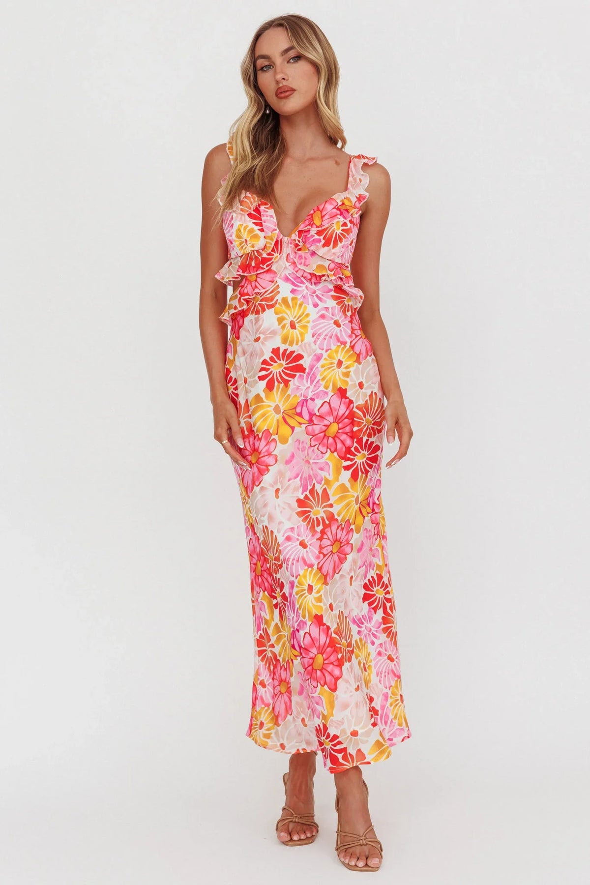 Second Chances Ruffle Trim Maxi Dress Flower Pink