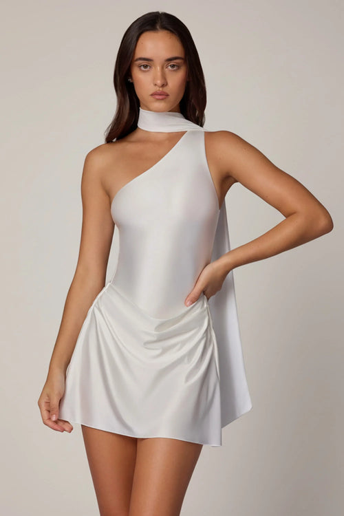 Asymmetric Scarf-Detail Mini Dress in White