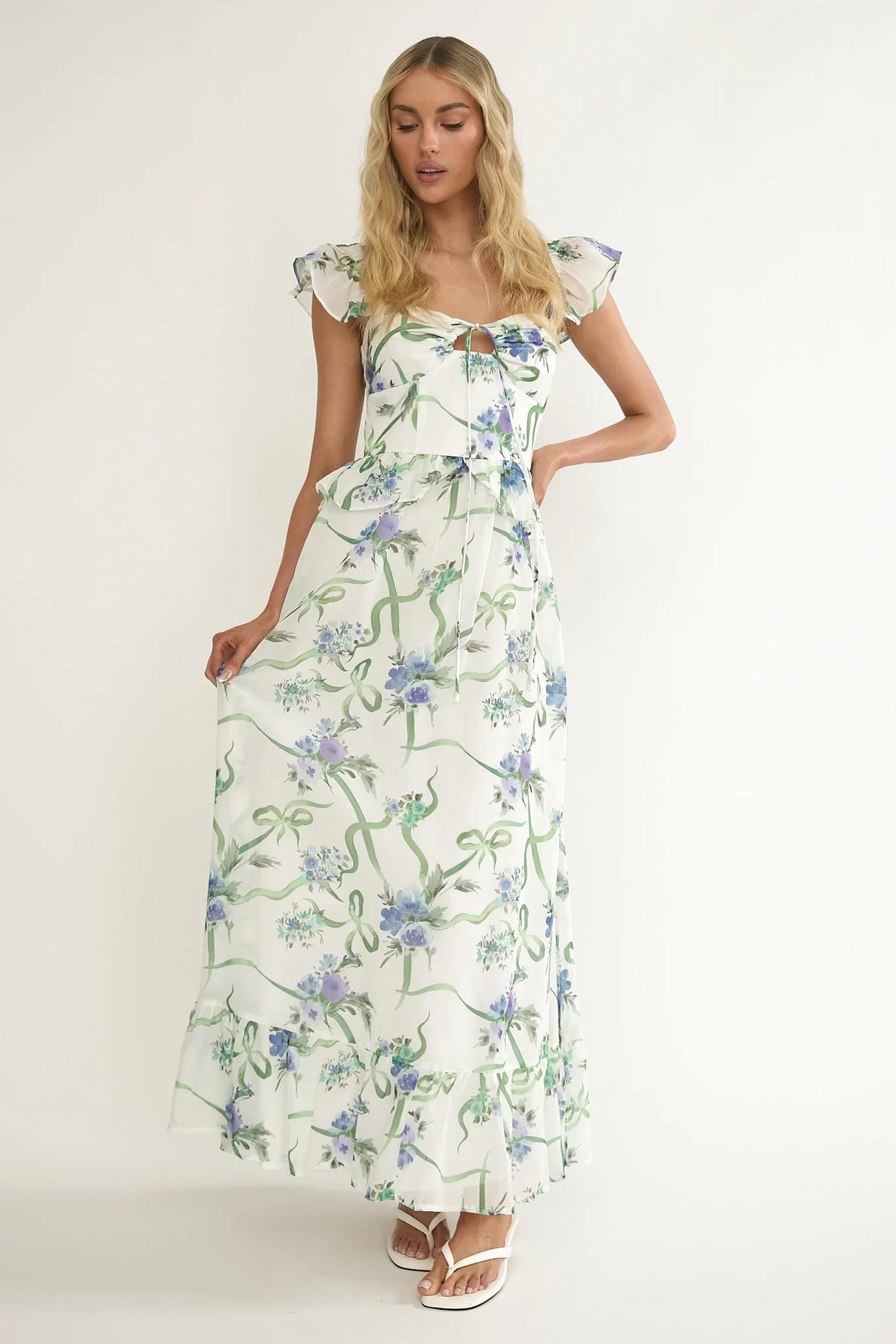 Hanalei Off-Shoulder Tied Bust Maxi Dress Floral White