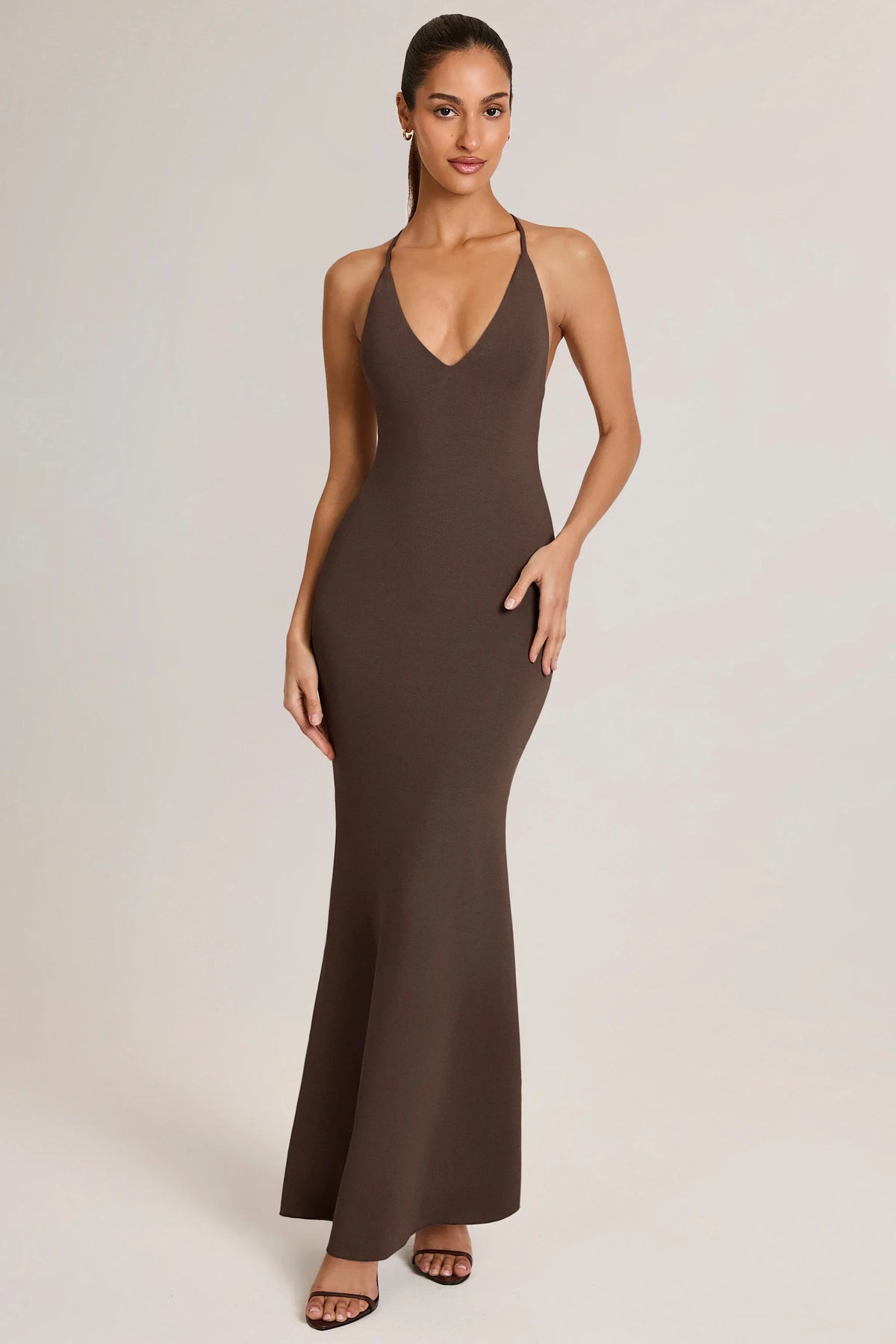 Modal Plunge Backless Maxi Dress in Chocolate Brown